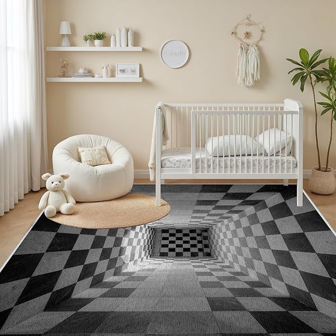 3D Rug 5x6, Plaid Soft Ultra Soft Faux Wool Low Pile Optical Illusion Rug, Indoor Floor Mats Abstract Geometric Carpet, Non-Slip Stain Resistant Washable Rugs, Modern Gray Rugs for Living Room