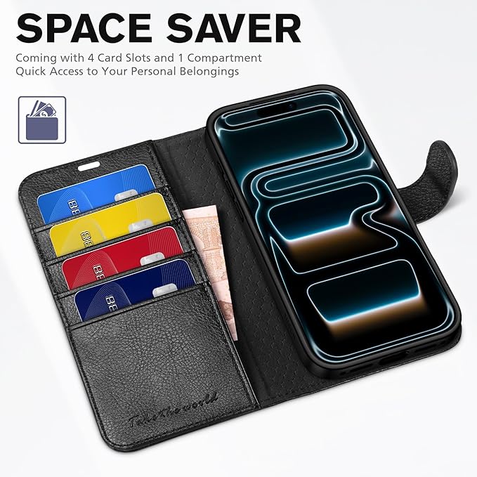 TUCCH Case Wallet for iPhone 17 Pro Max (6.9-Inch) 2025, RFID Blocking 4 Card Slots, Kickstand, Magnetic Closure, PU Leather, Shockproof TPU Shell, Protective Folio Cover, Textured Black