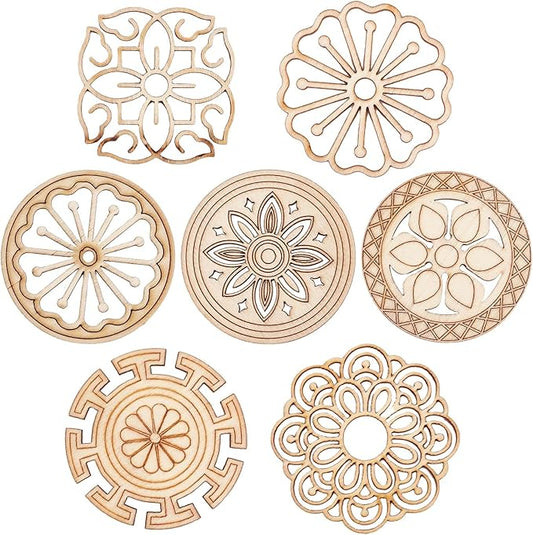GORGECRAFT 7 Style 14Pcs Wooden Carved Onlay Appliques Carving Decal Corner Craft Unpainted Furniture Home Window Decoration Wood Carving Decal for Dresses Door Cabinet Wardrobe Ceiling, Round