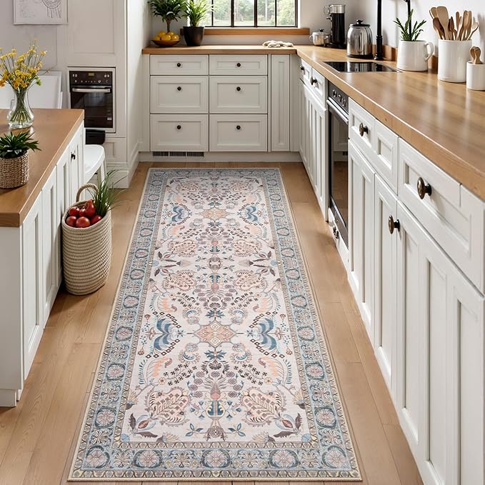 Tangsoo 5x7 Washable Area Rug, Non Slip Boho Floral Rug for Living Room Bedroom, Vintage Neutral Soft Low Pile Floor Indoor Carpet for Bathroom Office Laundry Kid & Pets Friendly Home Decor