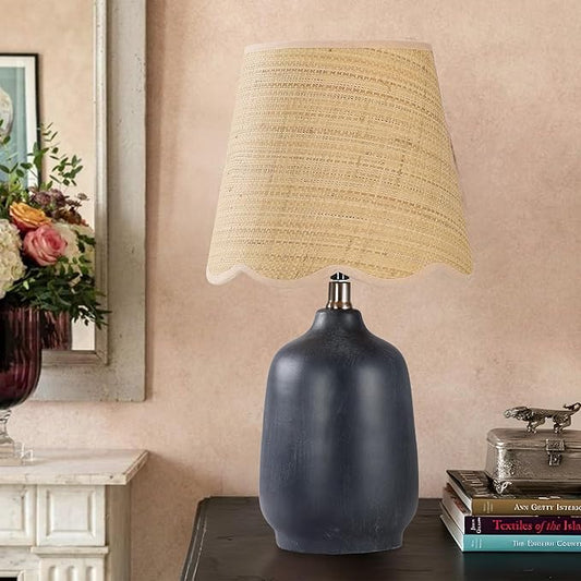 Pia Ricco 19" Modern Ceramic Table Lamp for Living Room Cream Base Desk Lamps for Bedroom Farmhouse Bedside Nightstand Lamp End Table Lamps,Black,Rattan Shade
