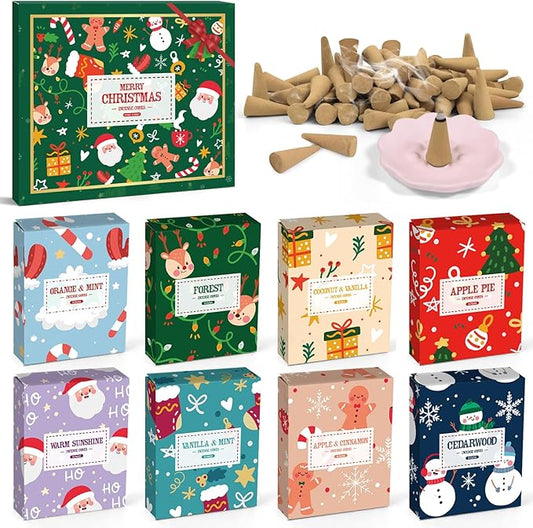 STRN Christmas Incense Cones Scented Kit, 120 Assorted Christmas Scented Cones with Incense Holder