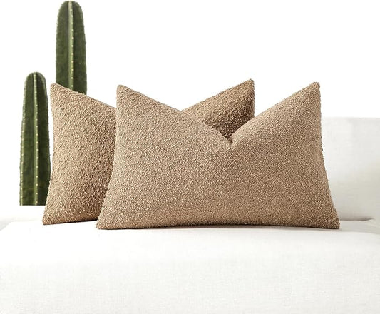 Boucle Decorative Lumbar Pillow Covers for Couch Set of 2, 12x20 inches, Camel