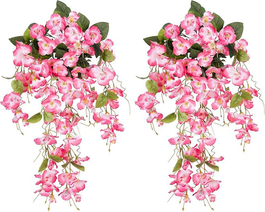 Fake Hibiscus Artificial Hanging Flowers Plants for Outdoors Spring Decoration, 2pcs Silk Hibiscus Vines Realistic UV Resistant Pink Faux Flowers for Outside Planter Porch Patio Yard Wedding Party Urn