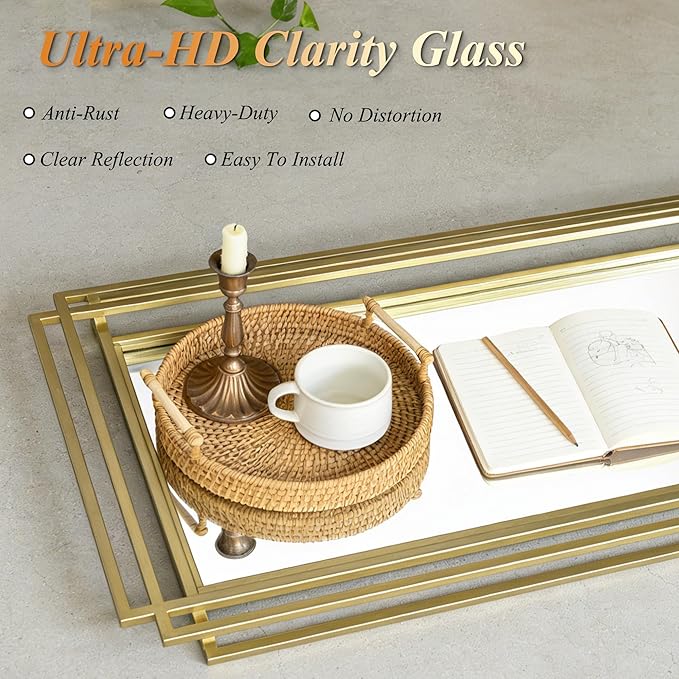 Gold Rectangle Mirror, 24"x36" Geometric Art Deco Mirror with Metal Frame, Modern Elegant Wall Mirrors for Living Room Bathroom Vanity Bedroom Entryway, Hangs Vertically or Horizontally