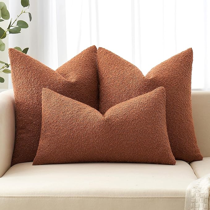 MIULEE 12x20 Inch Decorative Lumbar Throw Pillows for Bed Set of 2 Textured Boucle Neutral Winter Throw Pillow Covers Rust Accent Solid Pillowcases Sofa Livingroom Home Decor