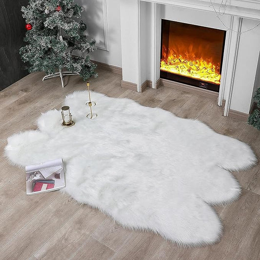 Faux Fur Rug Sheepskin Shag Fluffy Fuzzy White 4x6 ft Rugs for Bedroom Bedside Bed Floor Living Room Plush High-Density Cushion Carpet Super Sofa Cover