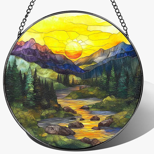 8-Inch Stained Glass Ornament, Nature Suncatchers for Window Hanging, Window Hanging Decor Suncatcher, Mountain Range Ornament | Holiday, Mother’s Day, Christmas, Housewarming | Gifts for Mom &Friend