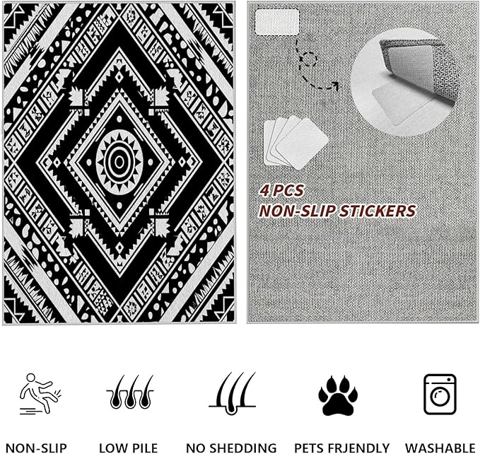 Area Rugs for Living Room 7x10, Moroccan Washable Low Pile Rug, Boho Neutral Farmhouse Ultra Soft Carpet for Bedroom Dining Room Home Decor, Geometric Print Tribal Carpets Black and White