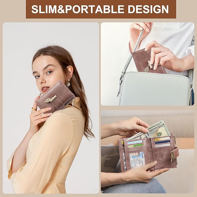 yiijay Small Wallet Women RFID Blocking Leather Bifold Wallet Credit Card Holder for Women Ladies Compact Wallet Mini Purse With Zipper Pocket