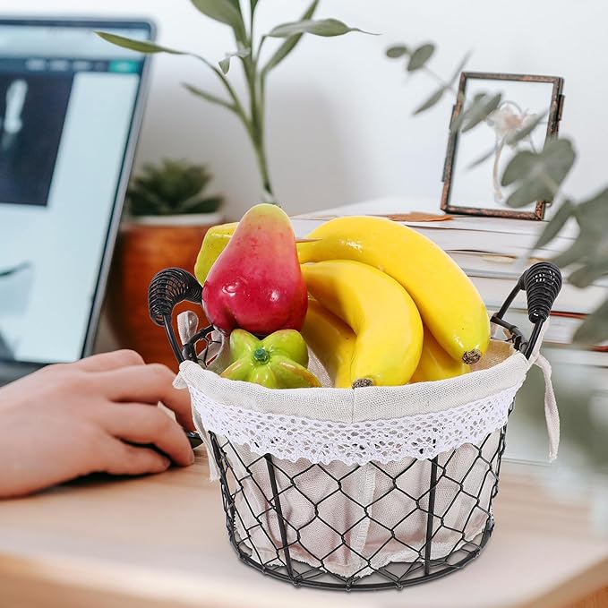 Wire Basket with Handle and Fabric Liner, Rustic Metal Storage Basket for Fruit, Bread, and Wedding Flower Girl, Multi-purpose Home and Kitchen Organizer