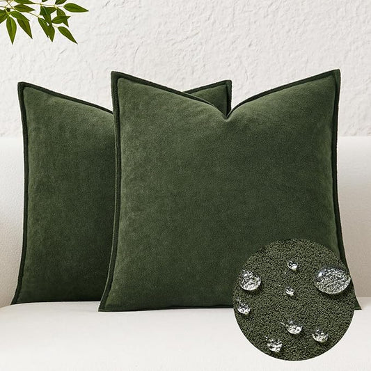 Kevin Textile Waterproof Decorative Pillow Covers Moss Green 26x26 Inch Pack of 2 Soft Boucle Textured Euro Pillowcases Elegant Accent Pillows for Couch Sofa Chair Bed Home Decor Indoor Outdoor