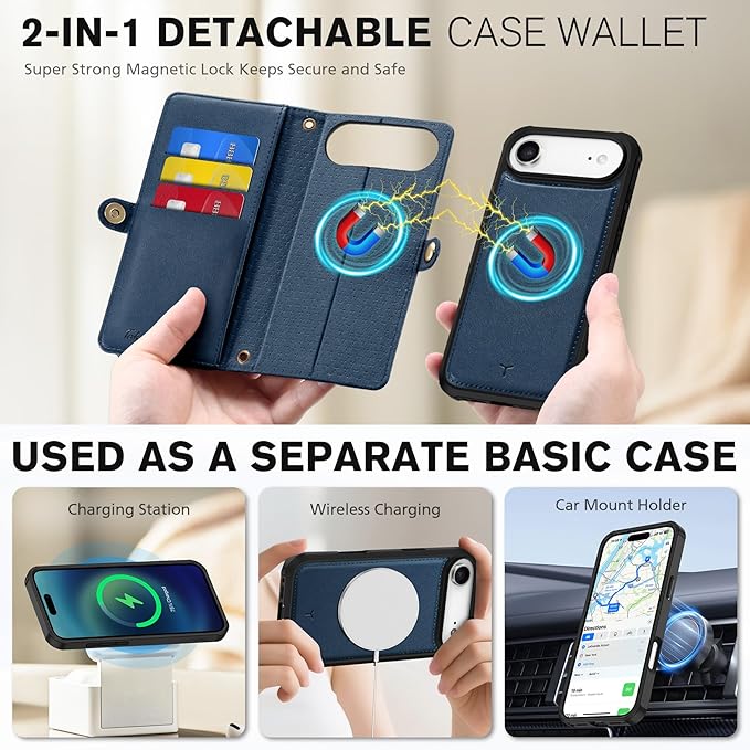 TUCCH Crossbody Detachable Wallet Case for iPhone Air 6.5" 2025, 9 Card Holders RFID Blocking, Wireless Charging, Stand, Wrist Strap, Lanyard, Zipper Pocket, PU Leather Shockproof Cover, Dark Blue