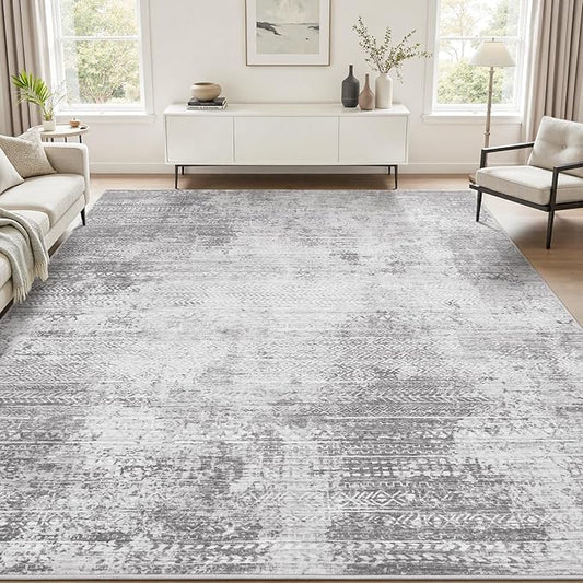 6x9 Area Rugs for Living Room Non Slip Machine Washable Rug Distressed Abstract Soft Indoor Carpet Neutral Boho Rug for Bedroom Dining Room Playroom Office, Grey
