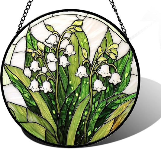 Stained Glass Window Hanging, Lily of The Valley Flower Sun Catchers Colorful Glass Panel Green Plants Suncatcher Decor for Birthday for Women,Men,Wife, Lovers, and Mom 11.8 in
