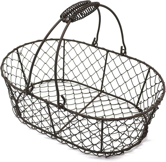 CVHOMEDECO. Oval Metal Wire Egg Basket Wire Fruit Basket with Handle Primitives Vintage Style Storage Basket. Rusty, 11 X 7-1/4 X 3-1/2 Inch