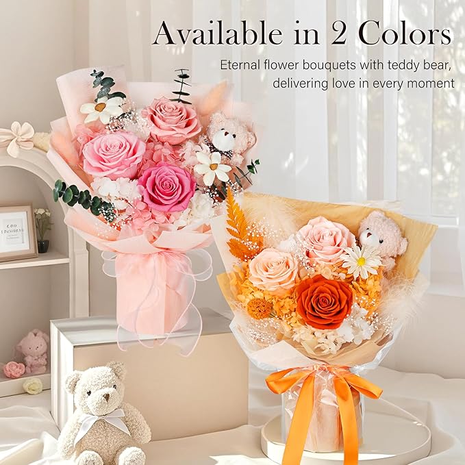 Preserved Flowers Bouquet with Bear, 3 Real Forever Flowers for Delivery, Long-Lasting Orange Eteranl Roses Bouquet, Anniversary Birthday Valentine Gifts for Women Mom Grandma Her Wife Girlfriend