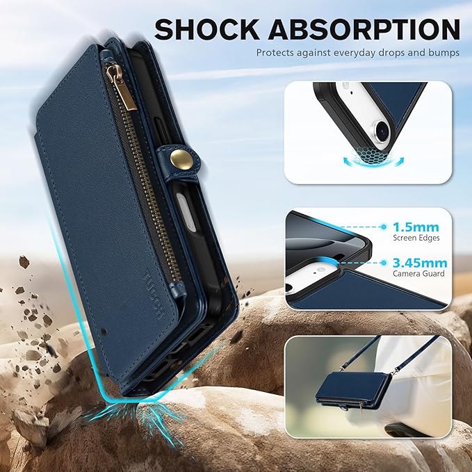 TUCCH Crossbody Detachable Wallet Case for iPhone Air 6.5" 2025, 9 Card Holders RFID Blocking, Wireless Charging, Stand, Wrist Strap, Lanyard, Zipper Pocket, PU Leather Shockproof Cover, Dark Blue