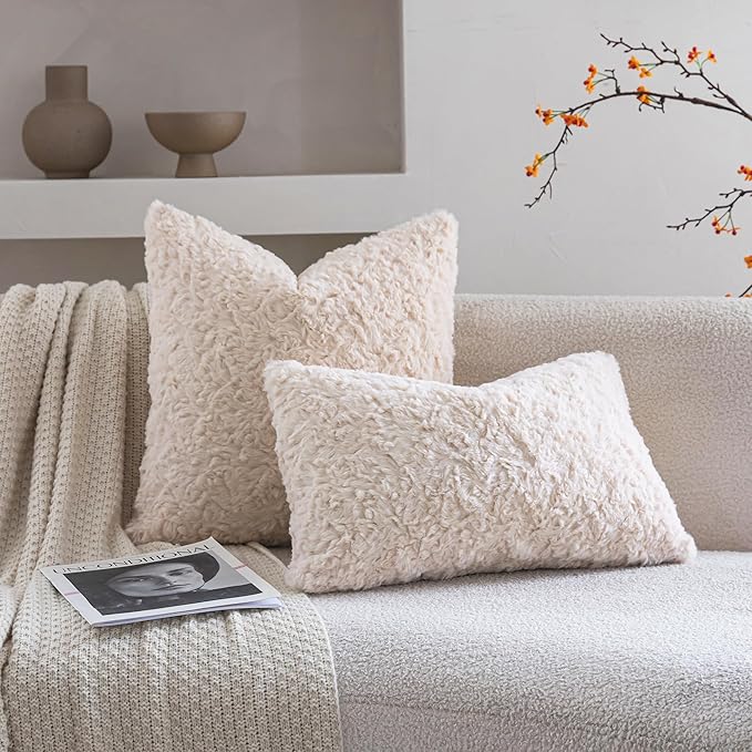 Neelvin Set of 2 Faux Fur Throw Pillow Covers 16x16 Inch Beige Cozy Soft Solid Decorative Pillowcases Thick Plush Sheepskin Cushion Case for Chair and Couch Sofa Bedroom