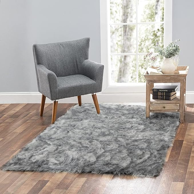 Silky Soft Faux Fur Rug, Sheepskin Area Rug, Shaggy Rug for Living Room, Bedroom, Kid's Room, or Nursery, Home Décor Accent, Machine Washable with Non-Slip Backing (Gray, Rectangle (2'x3'))