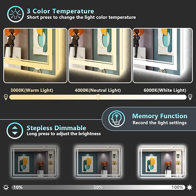 48x32 LED Bathroom Mirror with Lights, Backlit & Front Lit, Anti-Fog Frameless Lighted Vanity Mirrors for Bathroom Wall, Dimmable, 3-Color Light, Memory, Shatter-Proof, Tempered Glass, CRI＞90