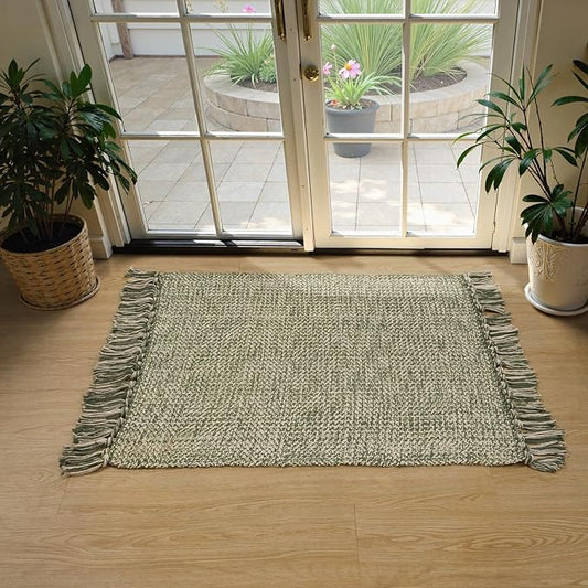 Collive 2' x 3' Small Entryway Rug, Washable Hand-Woven Kitchen Rug with Tassels, Natural/Green Farmhouse Low Profile Throw Rug Reversible Front Door Rug for Bedroom Bathroom Home Décor