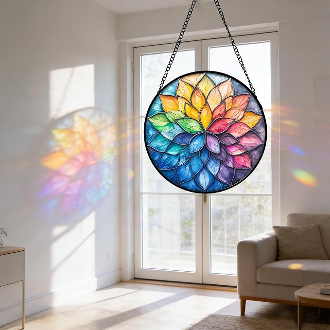 DASTOLL Stained Glass Window Hanging, Colorful Flower Petals Sun Catchers Diamond Glass Panel Hangings Suncatcher Decor for Birthday for Women, Men, Wife, Aunt, and Mom 6.3 in
