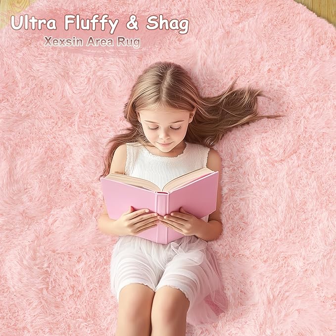 Round Fluffy Rugs 8Ft for Girls Bedroom, Pink Shag Circle Kids Rug Non-Slip for Bedside Dorm Nursery Playroom, Soft Cute Area Rugs for Living Room Decor