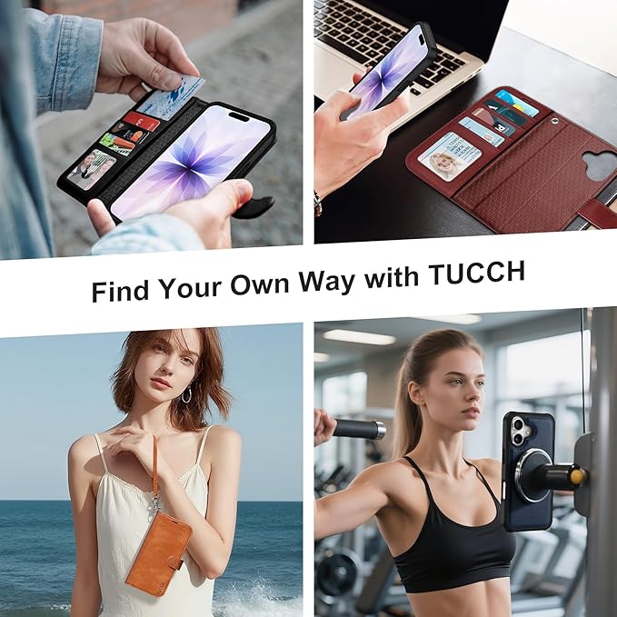 TUCCH Removable Case Wallet for iPhone 17 (6.3") 2025, Detachable Wrist Strap, Wireless Charging, Stand, 4 Card Slots RFID Blocking, 2-in-1 Magnetic, PU Leather Shockproof Cover, Teal Blue