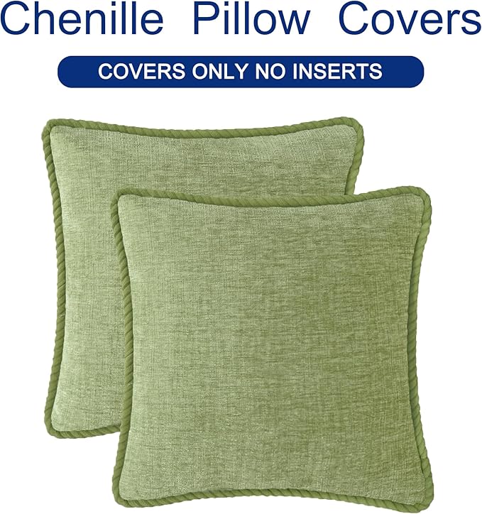CaliTime Decorative Couch Throw Pillow Covers 18 X 18 Inches Pack of 2 Cozy Chenille Piping Edge Cushion Cases for Sofa Bed Living Room Home Sage Green