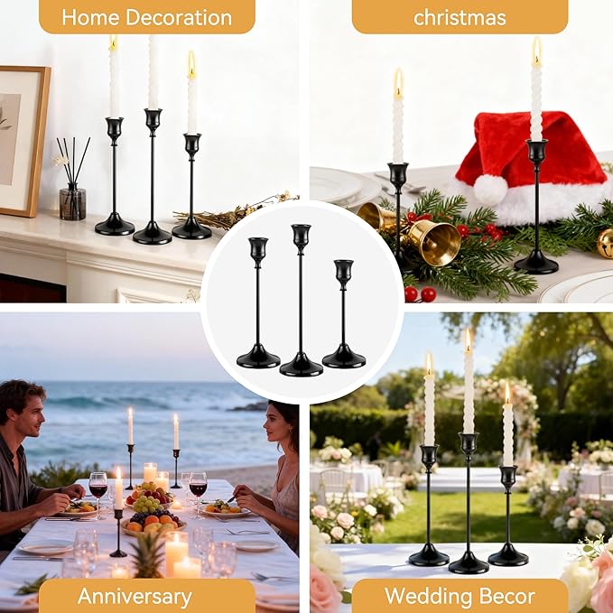 Taper Candle Holders, Tall Vintage Metal Candlestick Holders, 6 PCS Black Candle Sticks Holders for Home Decor Table Centerpiece Wedding Housewarming Festival, Black, 2 Sets (6 pcs)