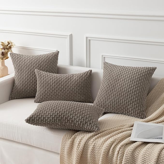Kevin Textile 2 Packs Light Brown Euro Farmhouse Decorative Throw Pillow Covers 26x26 Inch for Living Room Couch Bed Sofa Rustic Boho Home Decor Soft Striped Corduroy Square Cushion Case 66x66 cm