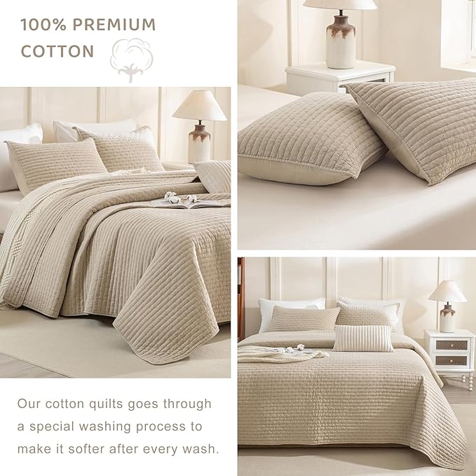 Sanracie Cotton Oversized King Bedspread(128"x120"), Soft Dark Wheat Color Stonewashed Extra Large Wide Oversized Quilt Sets Cross Stitch Lightweight Crinkle Coverlet Set 3Pcs for All Season