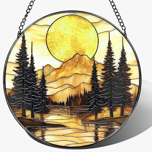 8-Inch Stained Glass Ornament, Stained Glass Window Hanging, Window Hanging Decor Suncatcher, Mountain Sunset Ornament | Holiday, Mother’s Day, Housewarming | Gifts for Nature Lovers, Friend & Family
