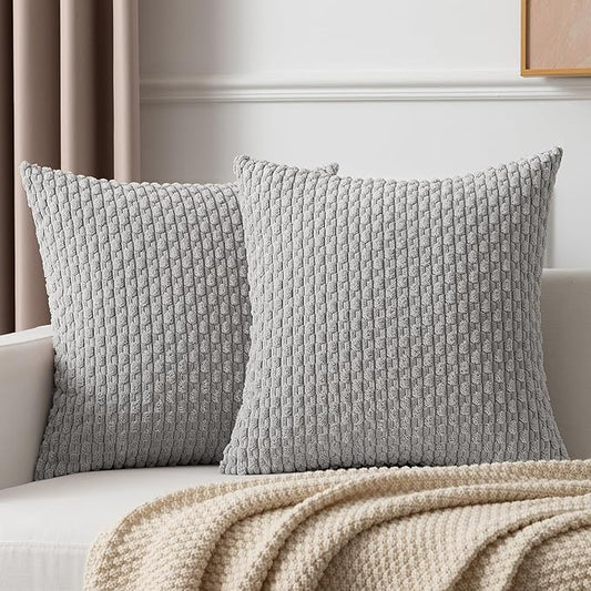 Kevin Textile Euro Sham Pillow Covers 28x28 Inch 2 Packs Soft Boho Striped Corduroy Decorative Throw Pillows for Living Room Couch Bed Sofa Rustic Farmhouse Home Decor 71x71cm Light Grey