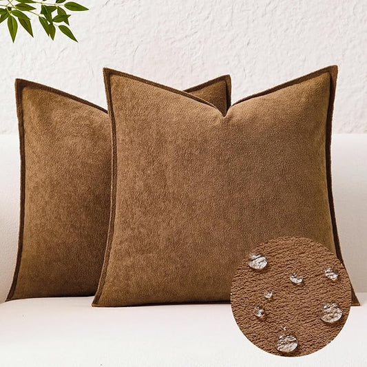 Kevin Textile Waterproof Decorative Pillow Covers Brown 26x26 Inch Pack of 2 Soft Boucle Textured Euro Pillowcases Elegant Accent Pillows for Couch Sofa Chair Bed Home Decor Indoor Outdoor