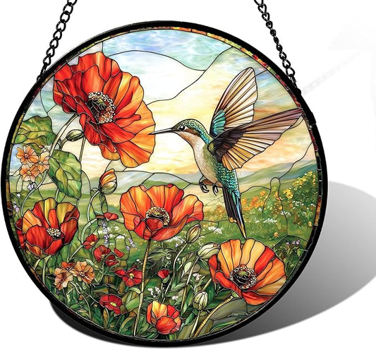 Stained Glass Window Hanging, Hummingbirds Orange Flowers Suncatcher Diamond Glass Panel Hangings Sun Catchers Decor for Birthday for Women, Men, Wife, Aunt, and Mom 9.8 in