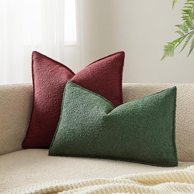 JUSPURBET Green Decorative Pillow Covers 12x20 Set of 2 Throw Pillow Covers for Couch Sofa Bed Cozy Boucle Textured Lumbar Cushion Covers Cases with Hidden Zipper for Living Room Home Decor