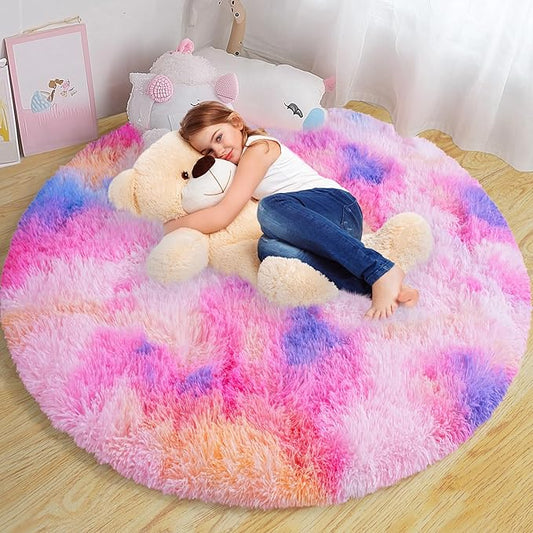 Round Fluffy Rugs 4Ft for Girls Bedroom, Dark Rainbow Shag Circle Kids Rug Non-Slip for Bedside Dorm Nursery Playroom, Soft Cute Area Rugs for Living Room Decor