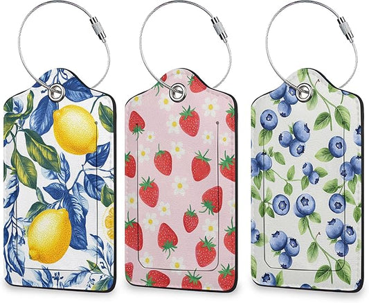 Cute Fruit Luggage Tags for Suitcases, 3 Pack Leather Bag Tag Identifiers with Stainless Steel Loop and Address Card for Men Women