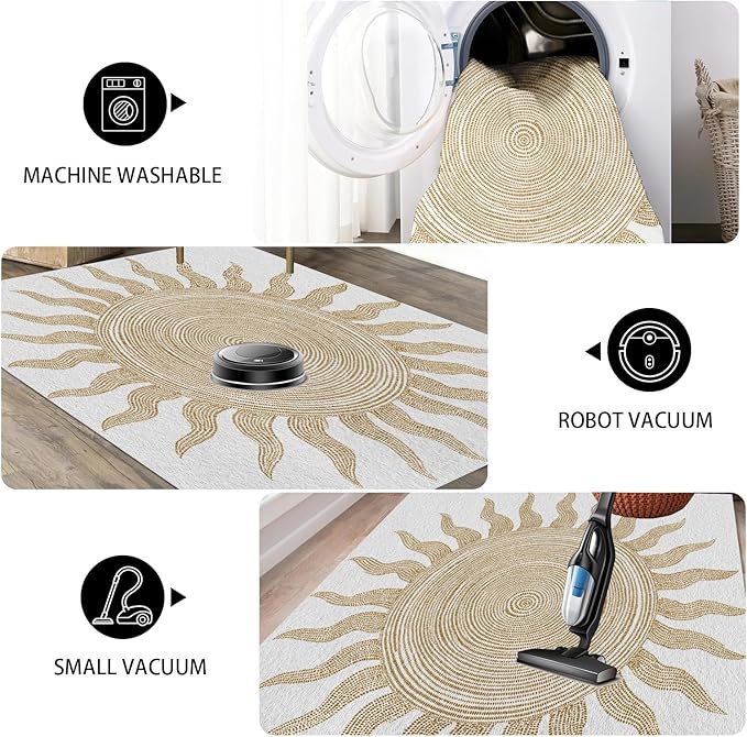 Boho Washable Rugs for Bedroom 4x6, Modern Sun Print Soft Minimalism Area Rug, Non Slip Low Pile Abstract Carpet for Classroom Living Room Decor Dining Room Sofa Kids Nursery Room, Beige Yellow