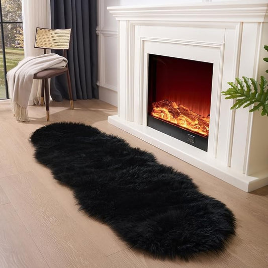 Faux Fur Rug Runner 2x6 ft Black - Machine Washable Super Soft Plush Shaggy Fluffy Area Carpet,Sheepskin Rug Fuzzy Floor Mat for Bedroom, Sofa,Living Room, Bedside, Nursery & Kids Room