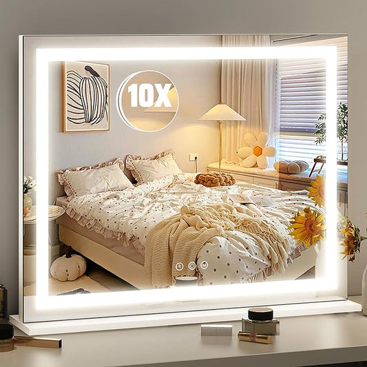HNV 22.8"x18" Lighted Makeup Mirror with 10X Magnification, LED Vanity Mirror with 3-Color Dimmable Touch Control, Tabletop or Wall-Mounted Makeup Mirror, White