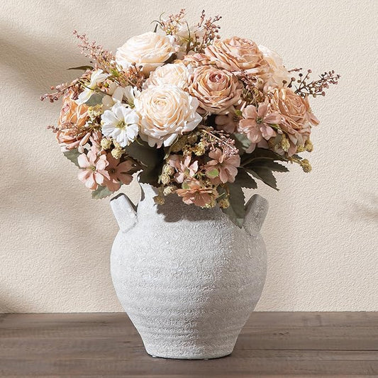 Ceramic White Flower Vase, 7.36 Inch Pottery Decorative Vase Rustic Farmhouse Vases for Home Decor Table Living Room Kitchen Bedroom Shelf Mantel Wedding Centerpiece