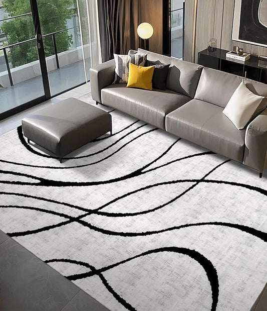 YIHOUSE Modern Rugs 6x9, Washable Black and White Area Rug, Thin Abstract Geometric Minimalist Striped Rug, White Rugs for Living Room,Bedroom,Kitchen,Dining Room,Office