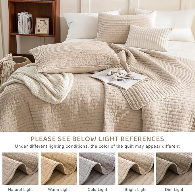Sanracie Oversized King Bedspread (128"x120"), 100% Cotton Cross Stitch Pattern California King Coverlet Quilt Set 3Pcs Warm Taupe Colored Lightweight Extra Large King Bed Quilt for All Season