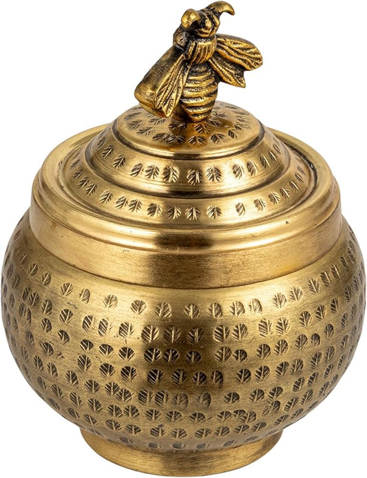 Round Hammered Metal Container with Bee Finial, Brass Finish