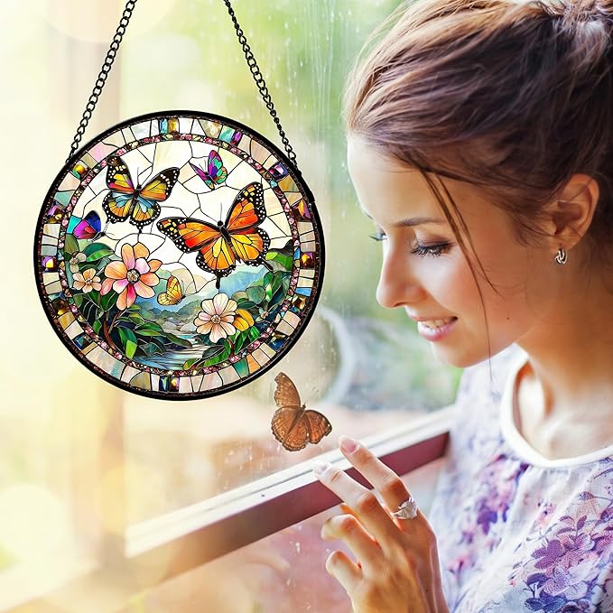 DASTOLL Stained Glass Window Hanging, Butterflies Flying in The Sky Suncatcher for Doors Home Sun Catchers Decoration and Christmas, Mother's Day Birthday Gifts for Women, Men, and Mom 14.9x14.9 in