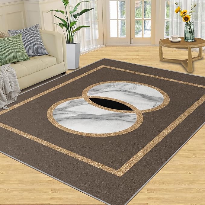 Brown Marble Bedroom Rug Vintage Mid-Century Geometric Rug Marble Pattern Decor Rugs Circle Rectangle Gilded Geometry Floor Mat Elegant Decor for Living Room 3x4ft