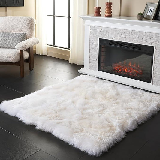 SAFAVIEH Sheep Skin Collection Area Rug - 6' Square, Natural & White, Handmade Rustic Glam Genuine Pelt, 3.4-inch Thick Ideal for High Traffic Areas in Living Room, Bedroom (SHS211A)